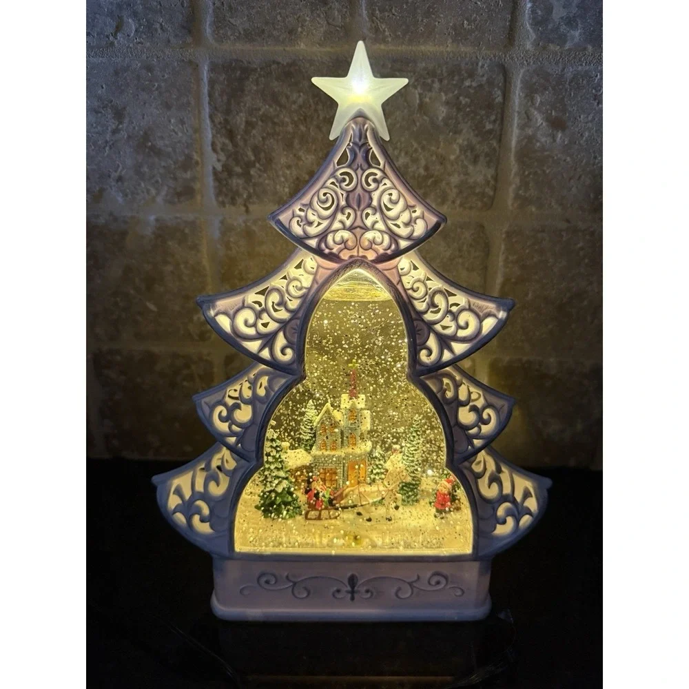 Christmas Tree Water Filled Snow Globe LED Light Up Victorian Home Scene NEW